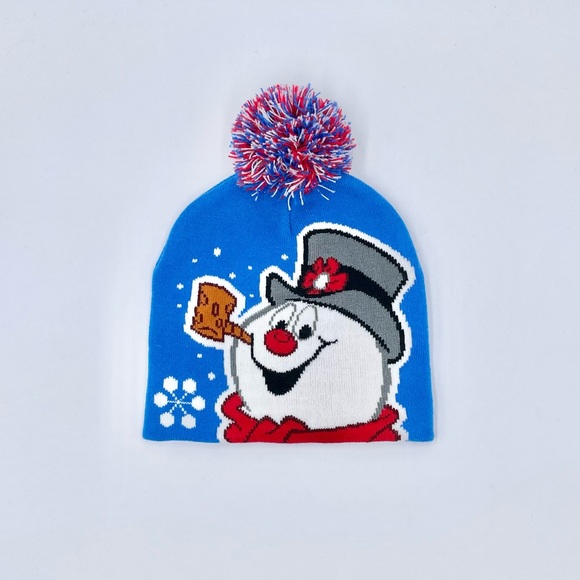 NEW Frosty The Snowman Graphic Blue Pom Beanie Stocking Cap Youth OS Christmas - Picture 1 of 4